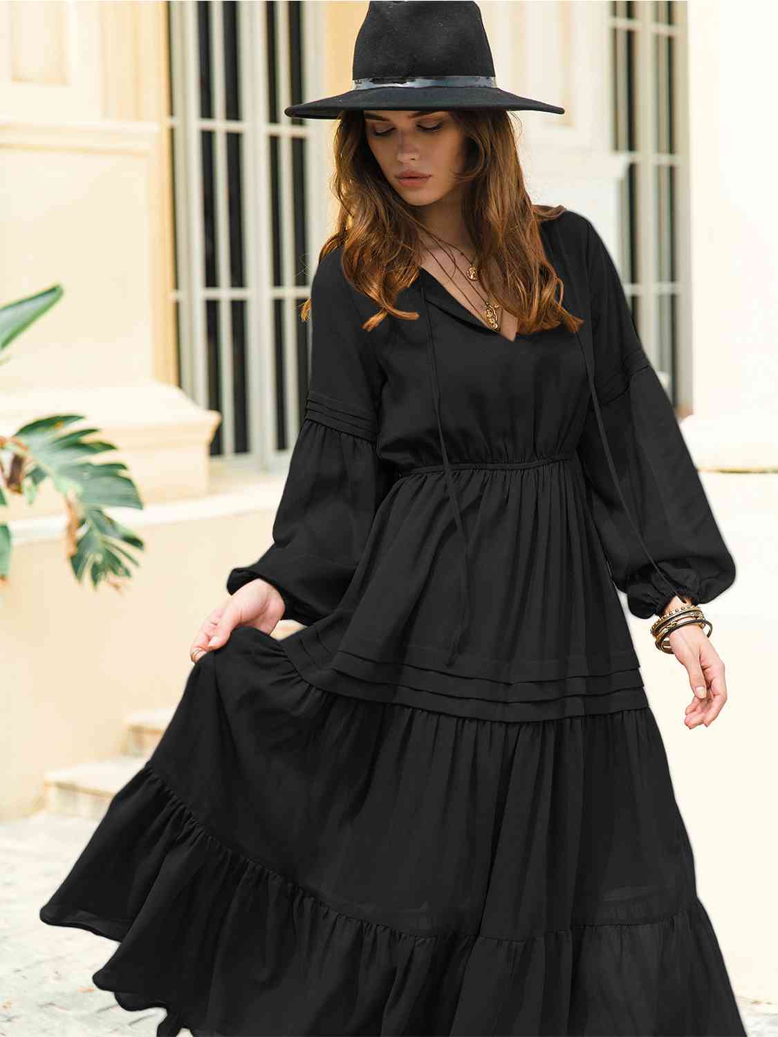 Tie Neck Long Sleeve Midi Tiered Dress [Spirit and Rebel]   