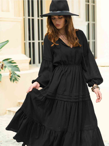 Tie Neck Long Sleeve Midi Tiered Dress [Spirit and Rebel]   