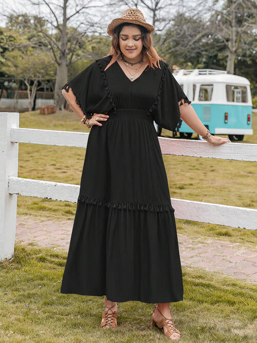 Boho Chic  Plus Size Tassel Trim V-Neck Short Sleeve Ruffle Hem Dress [Spirit and Rebel] Black 0XL 