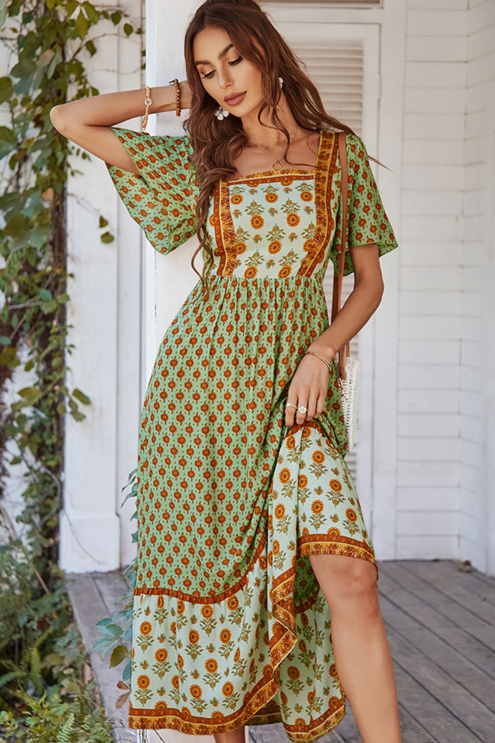 Bohemian Square Neck Flutter Sleeve Maxi Dress [Spirit and Rebel] Green S 