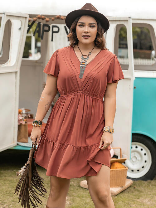 Double Take Plus Size Ruffle Hem V-Neck Short Sleeve Dress [Spirit and Rebel]   