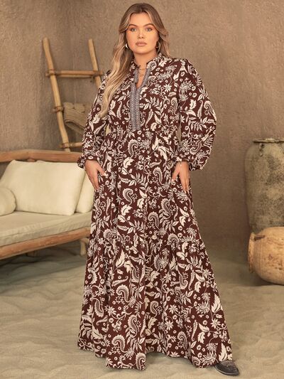 Boho Plus Size Notched Balloon Sleeve Printed Maxi Dress [Spirit and Rebel] Chocolate 0XL 