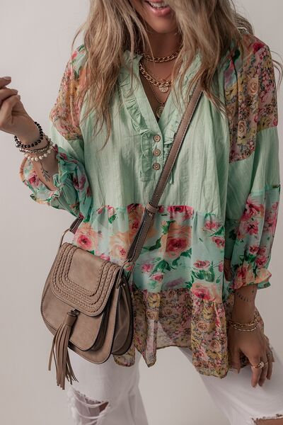 Boho Chic  Floral Frill Trim Buttoned Notched Tiered Blouse [Spirit and Rebel]   