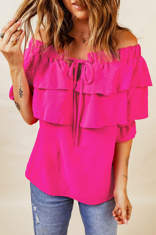 Bohemian Tied Off-Shoulder Layered Blouse [Spirit and Rebel] Hot Pink S 