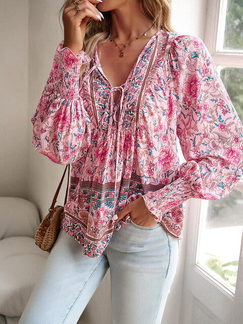 Bohemian Tie Neck Lantern Sleeve Blouse [Spirit and Rebel] Burnt Coral S 