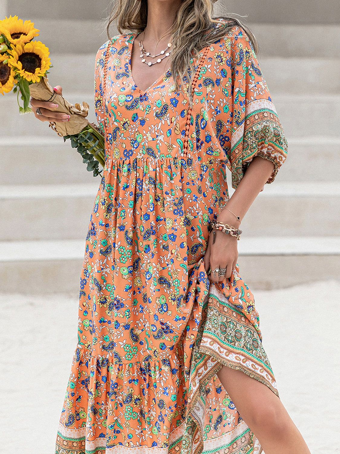 Printed V-Neck Short Sleeve Maxi Dress [Spirit and Rebel]   