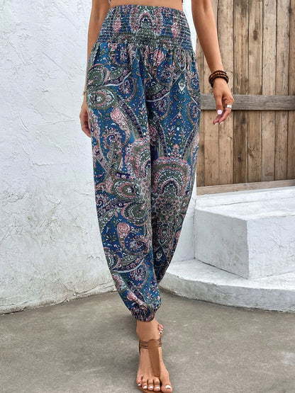 Printed Smocked Waist Pants [Spirit and Rebel] Azure S 