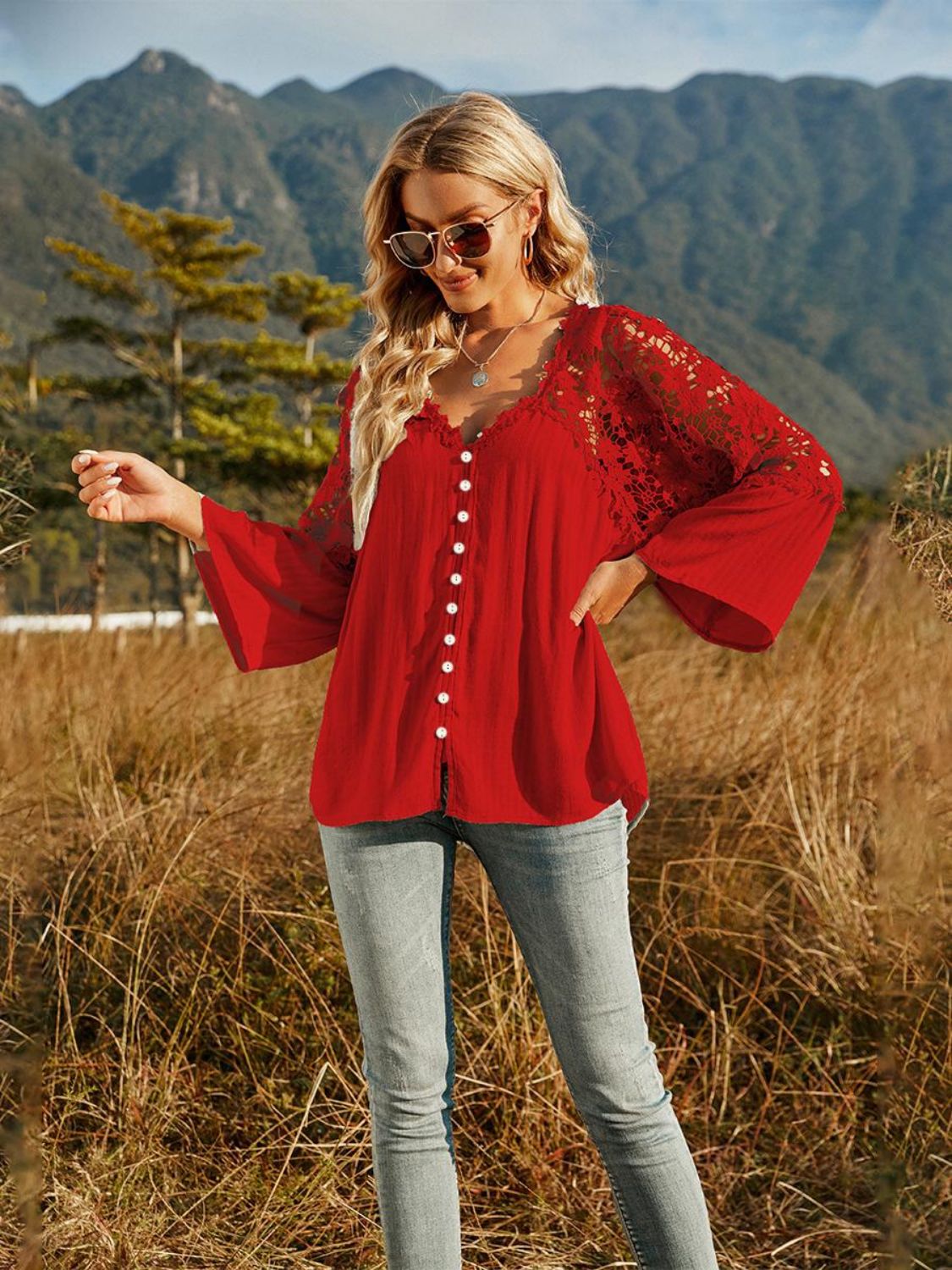 Spliced Lace Buttoned Blouse [Spirit and Rebel] Deep Red S 