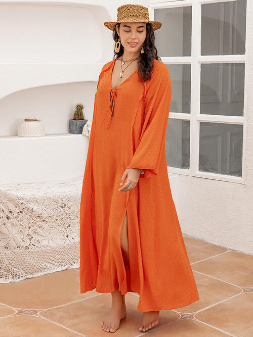 Boho Chic  Plus Size Tie Neck Long Sleeve Slit Dress [Spirit and Rebel]   