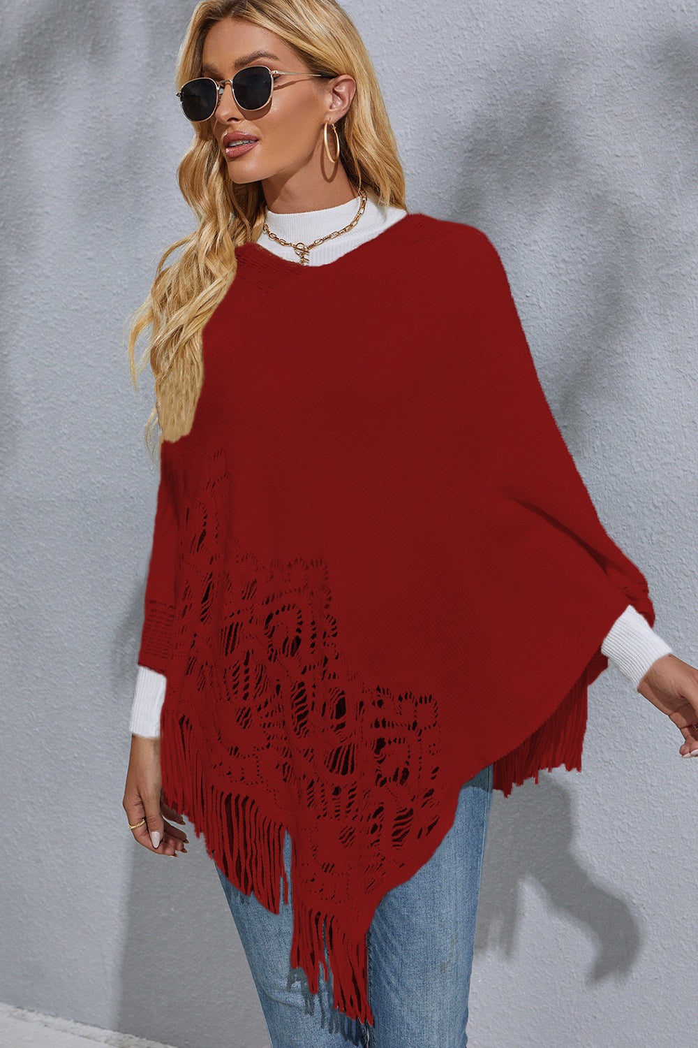 Round Neck Fringe Detail Poncho [Spirit and Rebel]   