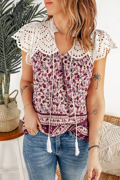 Floral Tassel Tie Eyelet Boho Blouse [Spirit and Rebel] Floral S 