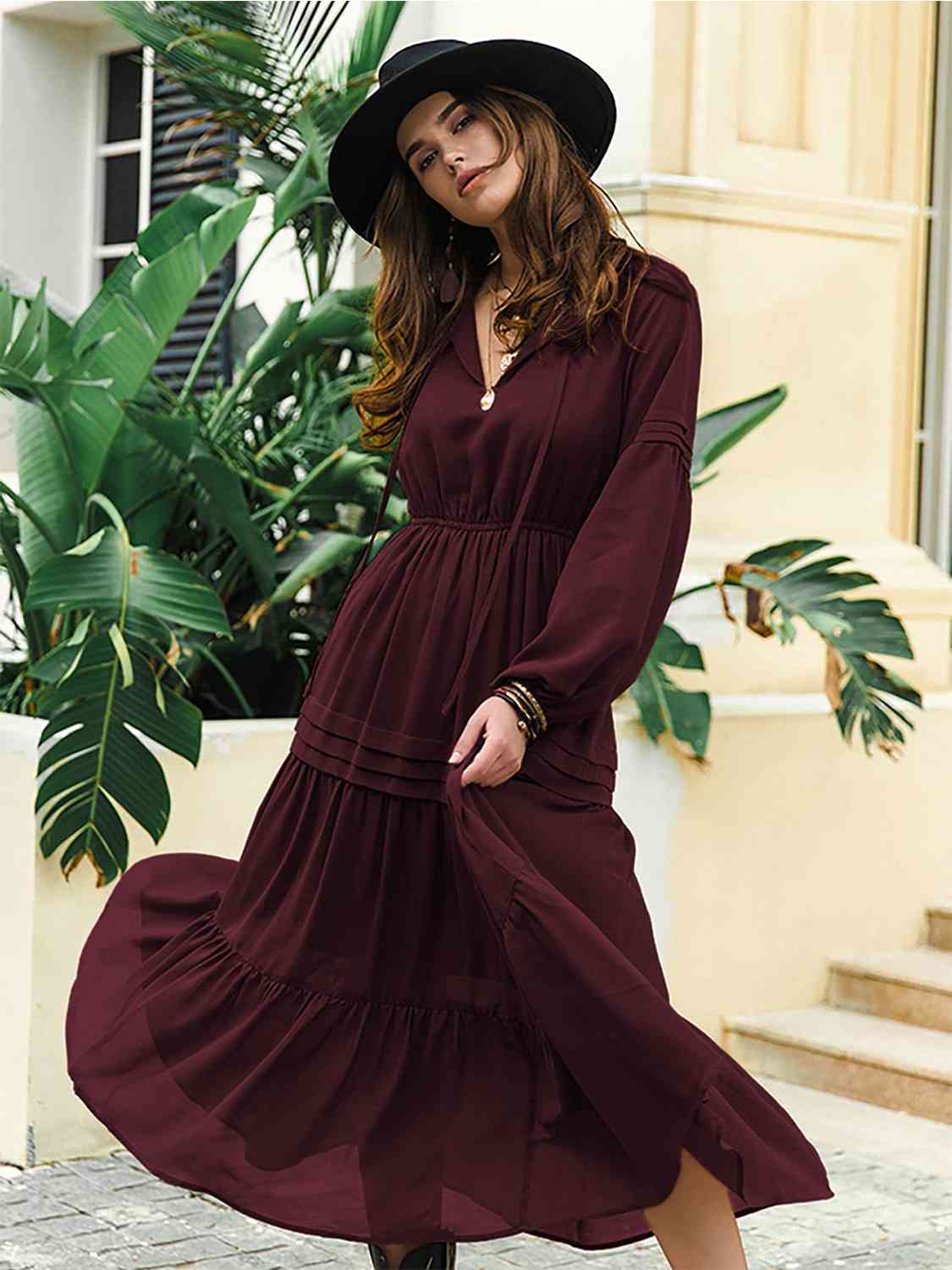 Tie Neck Long Sleeve Midi Tiered Dress [Spirit and Rebel] Wine S 