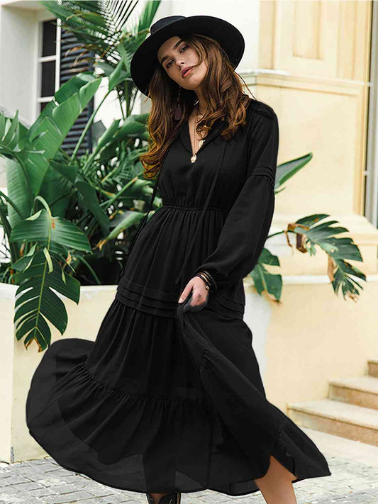 Tie Neck Long Sleeve Midi Tiered Dress [Spirit and Rebel] Black S 