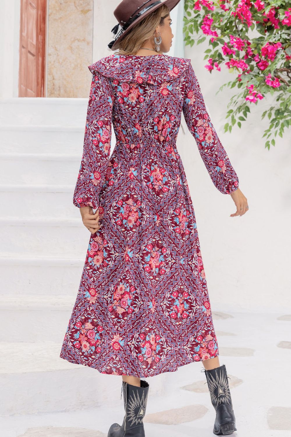 Printed Long Sleeve Slit Midi Dress [Spirit and Rebel]   