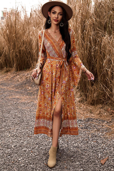 Bohemian Surplice Neck Slit Dress [Spirit and Rebel] Pumpkin S 