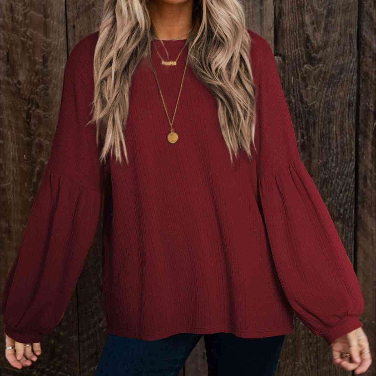 Round Neck Long Sleeve Ruched Blouse [Spirit and Rebel] Wine S 