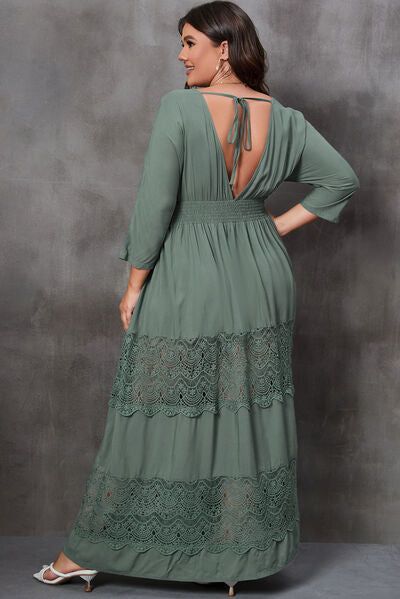 Plus Size Tied V-Neck Smocked Crochet Maxi Dress [Spirit and Rebel]   