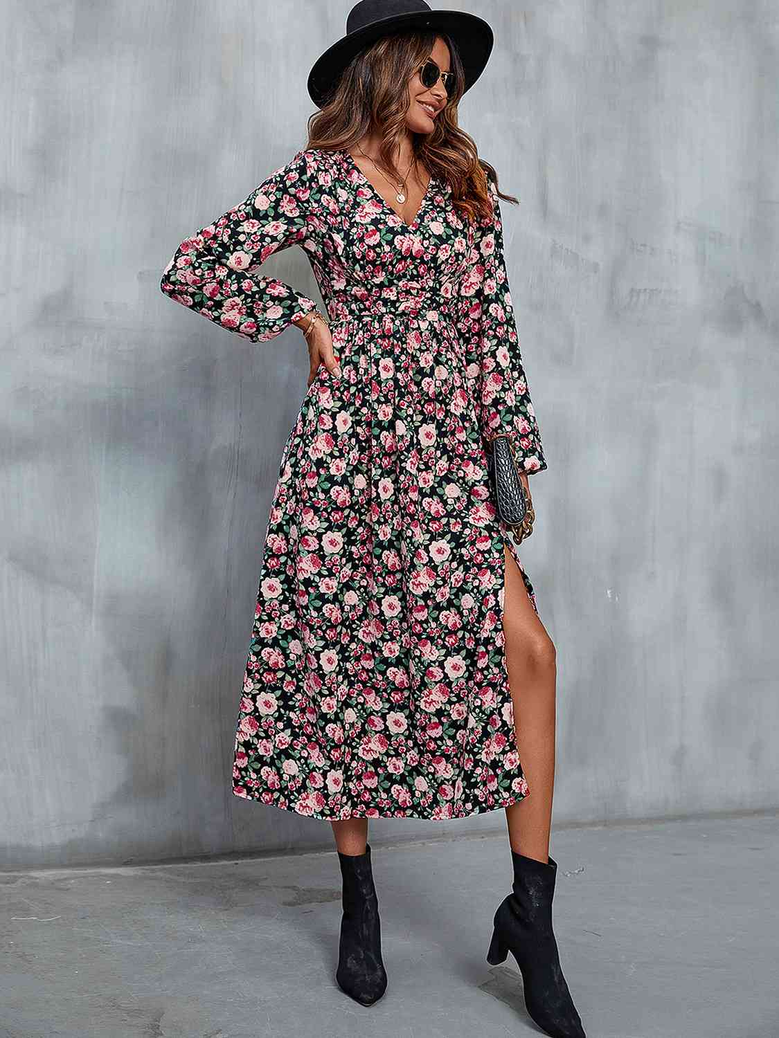 Floral V-Neck Slit Midi Dress [Spirit and Rebel]   