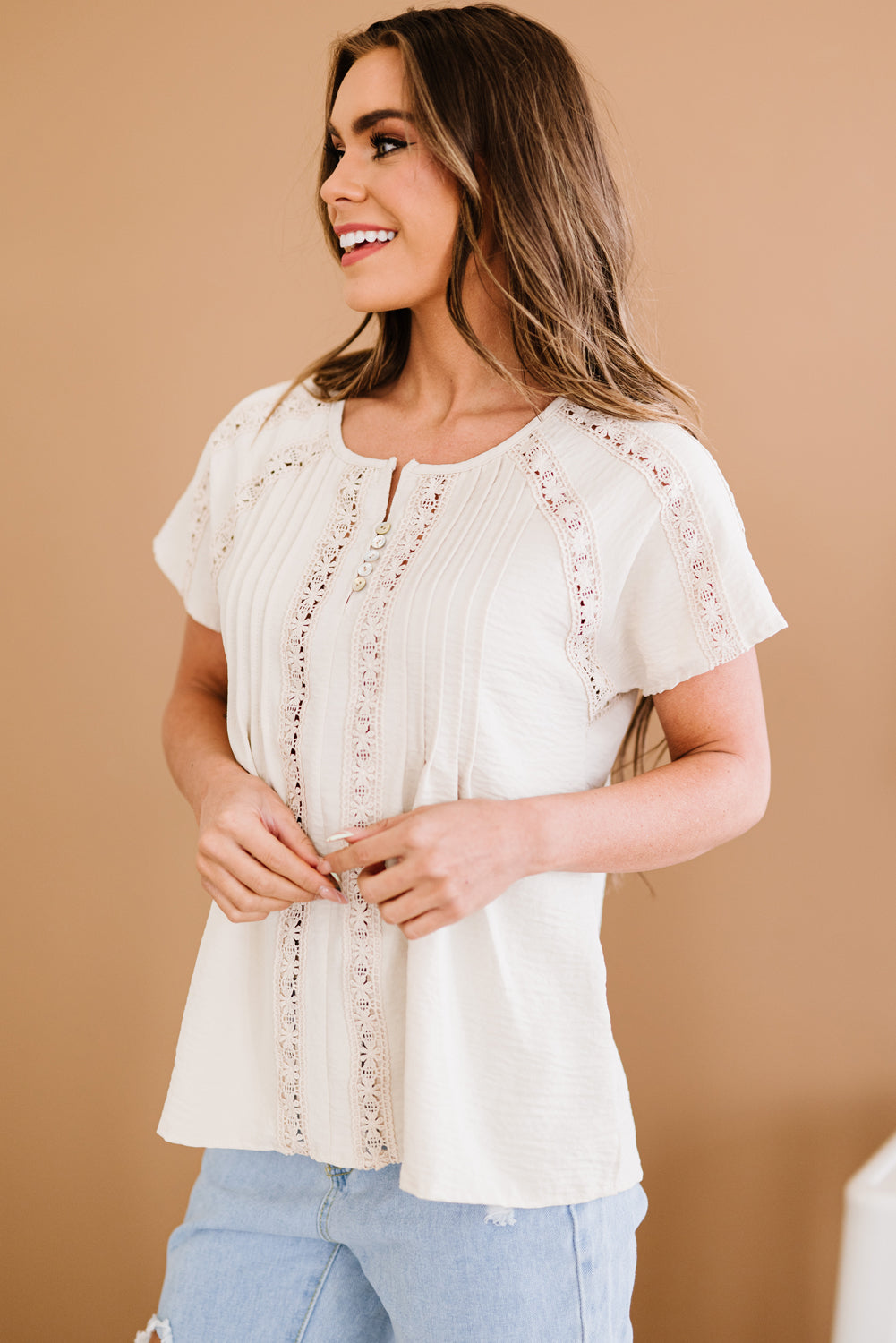 Crochet Eyelet Buttoned Short Sleeves Boho Top [Spirit and Rebel]   