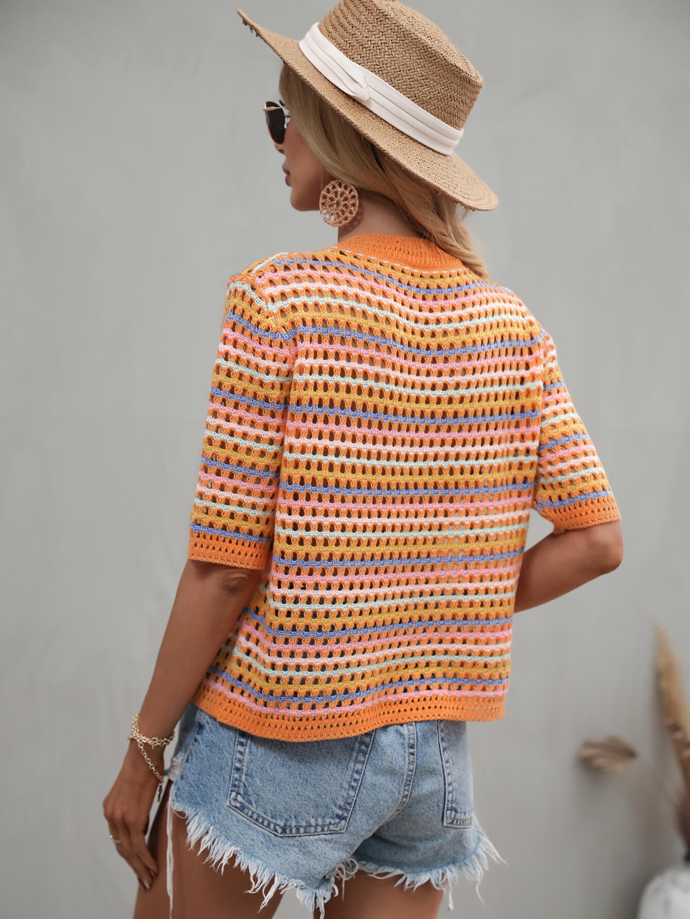 Bohemian Striped Openwork Half Sleeve Knit Top [Spirit and Rebel]   