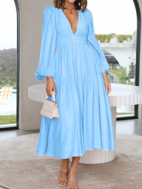 Deep V-Neck Balloon Sleeve Plain Maxi Dress [Spirit and Rebel] Pastel  Blue S 