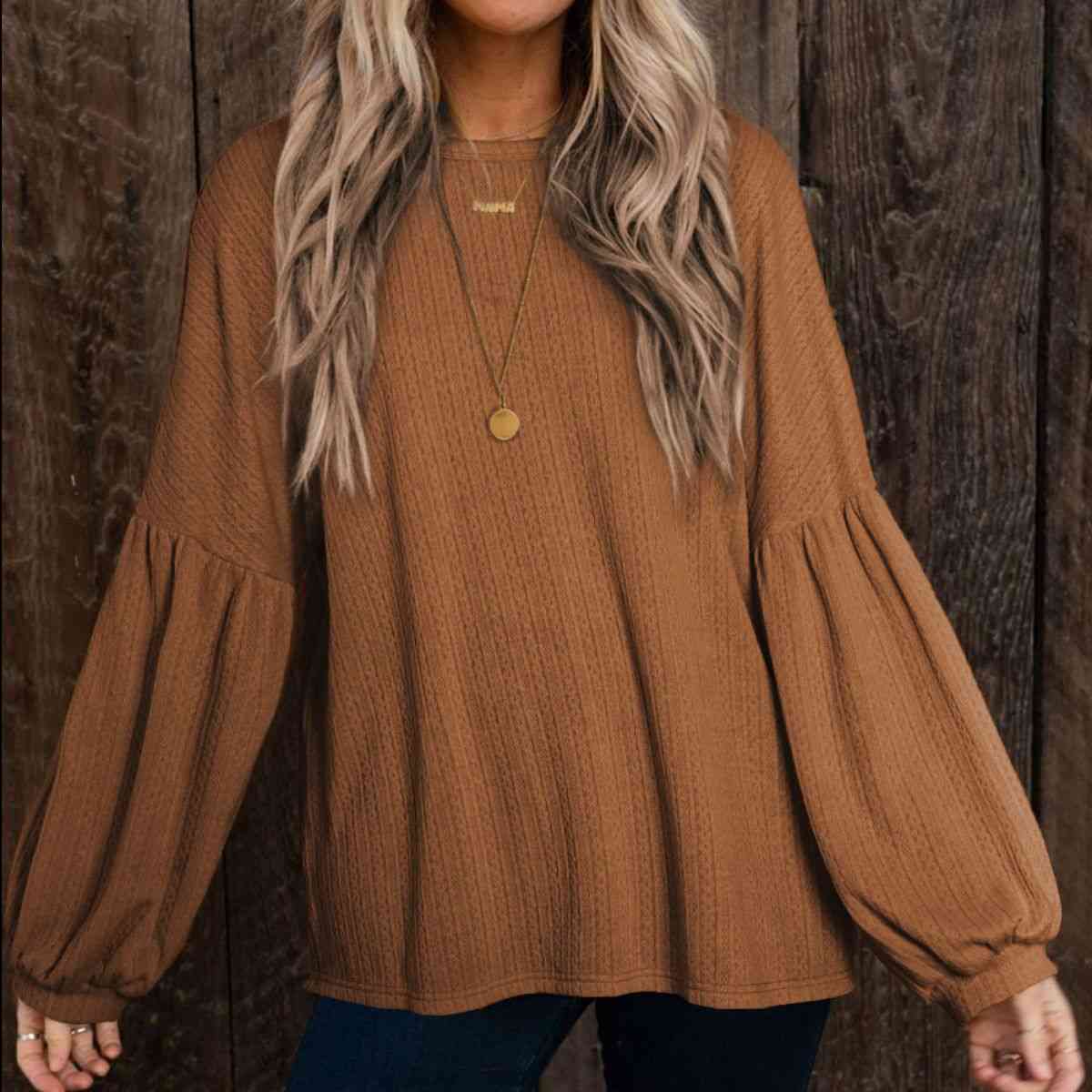 Round Neck Long Sleeve Ruched Blouse [Spirit and Rebel] Camel S 