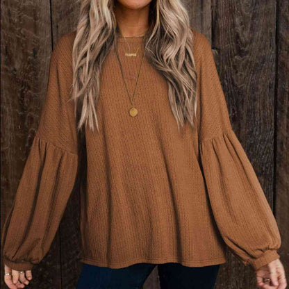 Round Neck Long Sleeve Ruched Blouse [Spirit and Rebel] Camel S 