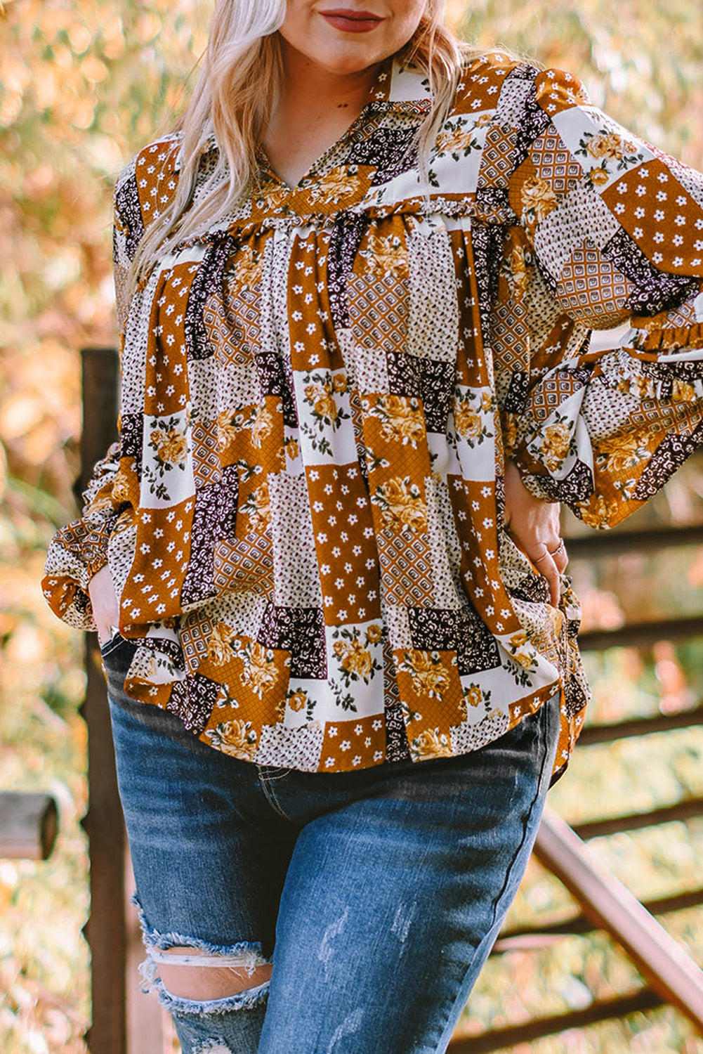 Bohemian Plus Size Patchwork Balloon Sleeve Blouse [Spirit and Rebel]   