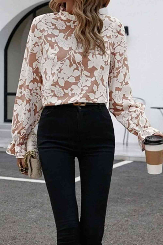 Floral Print Mock Neck Flounce Sleeve Blouse [Spirit and Rebel] Floral S 