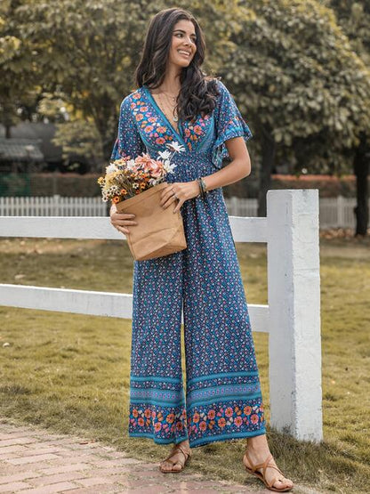 Boho Chic  Floral Surplice Flutter Sleeve Jumpsuit [Spirit and Rebel]   