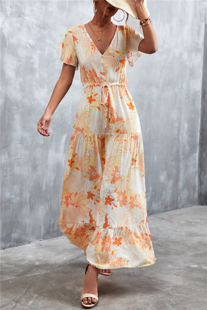 Floral Buttoned Drawstring Waist Tiered Boho Dress [Spirit and Rebel]   