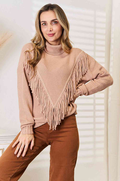 Woven Right Turtleneck Fringe Front Long Sleeve Sweater [Spirit and Rebel] Camel S 