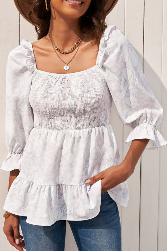 Spirit and Rebel Boho Floral Smocked Ruffled Babydoll Top [Spirit and Rebel] White S 