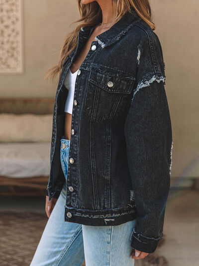 Boho Button Up Raw Hem Distressed Denim Jacket [Spirit and Rebel]   