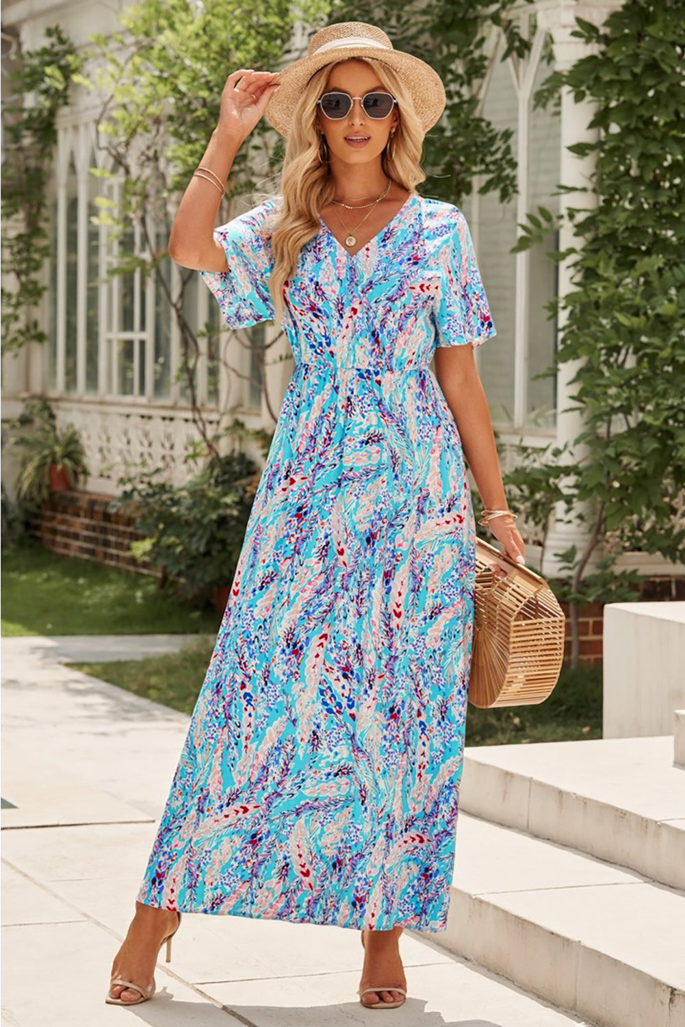 Multicolored V-Neck Boho Maxi Dress [Spirit and Rebel] Pastel  Blue S 