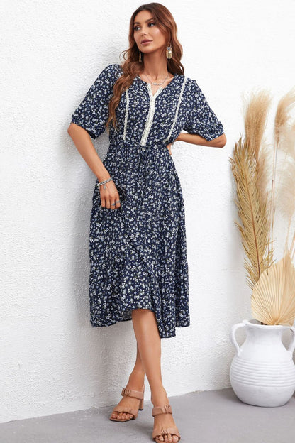 Floral Notched Neck Lace Trim Midi Dress [Spirit and Rebel] Navy S 