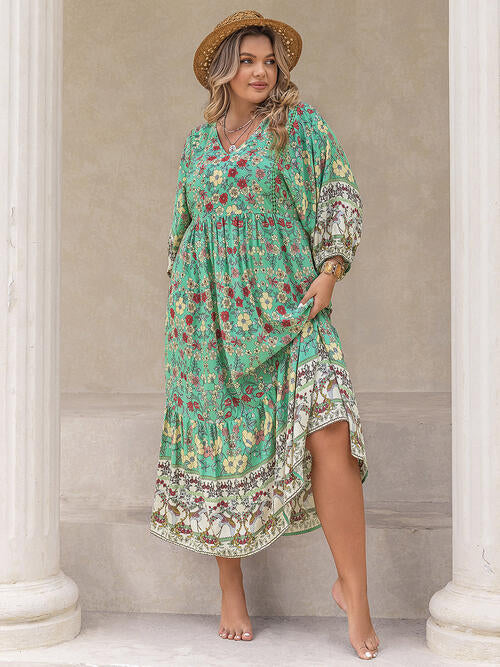 Plus Size Floral V-Neck Balloon Sleeve Midi Dress [Spirit and Rebel]   