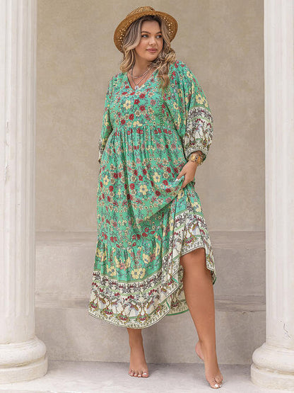 Plus Size Floral V-Neck Balloon Sleeve Midi Dress [Spirit and Rebel]   