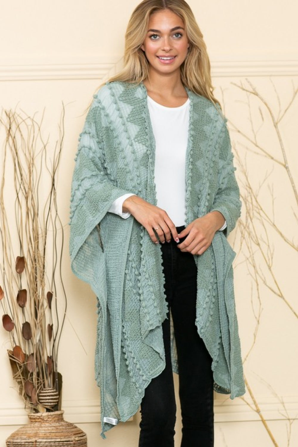 Justin Taylor Asymmetrical Pom-Pom Trim Poncho Boho Cardigan [Spirit and Rebel] Sage One Size 