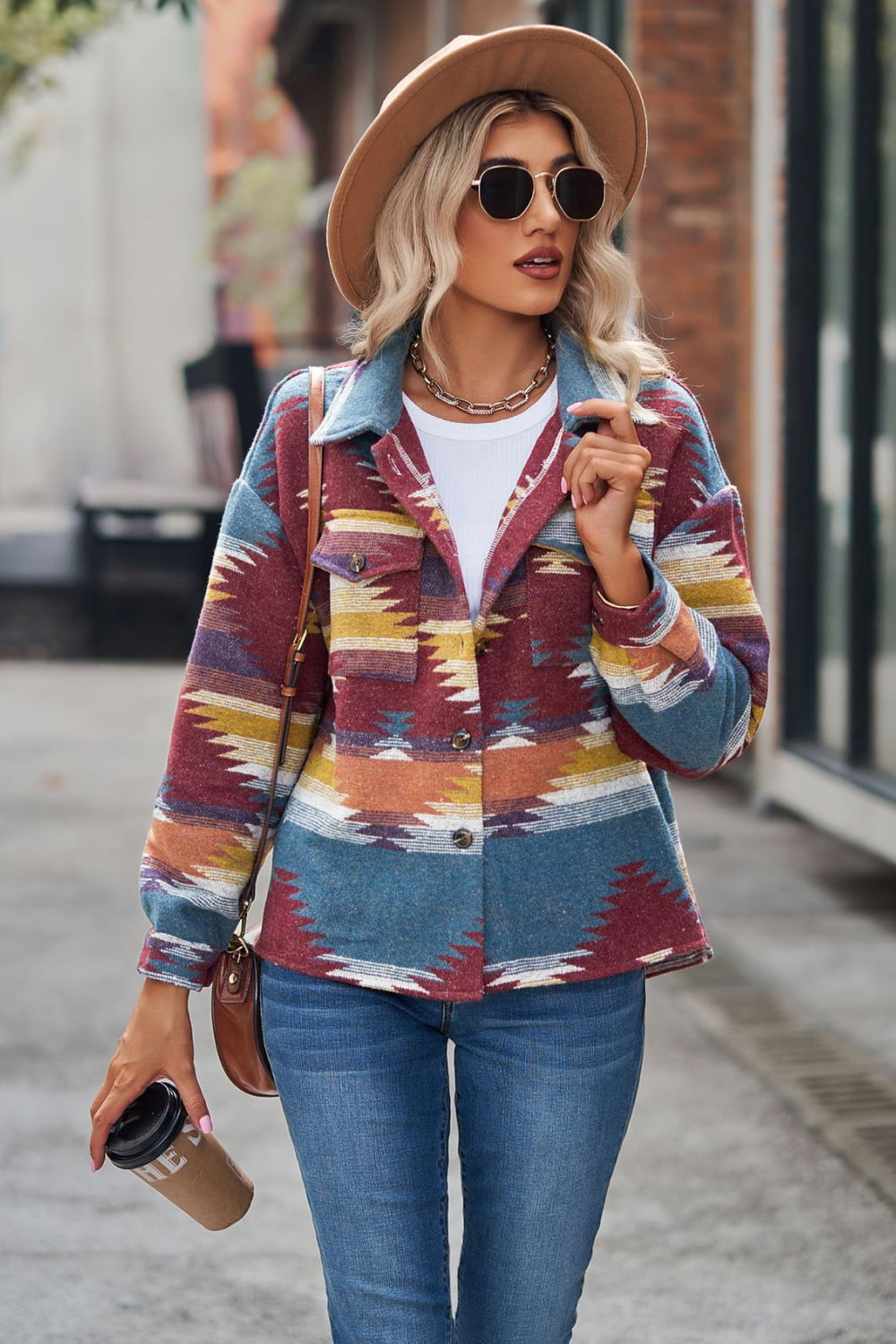 Printed Collared Neck Jacket [Spirit and Rebel] Wine S 