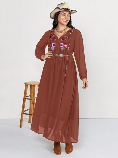 Boho Chic  Plus Size Embroidered Tie Neck Long Sleeve Dress [Spirit and Rebel] Chestnut 0XL 