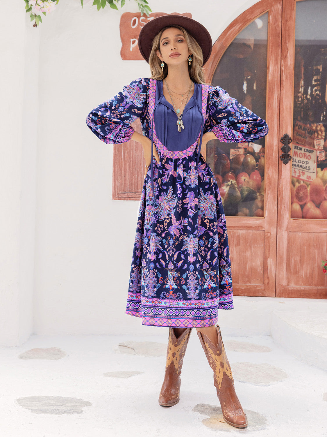 Printed Tie Neck Long Sleeve Midi Dress [Spirit and Rebel]   