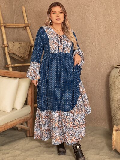 Boho Plus Size Printed Balloon Sleeve Maxi Dress [Spirit and Rebel] Peacock  Blue 0XL 