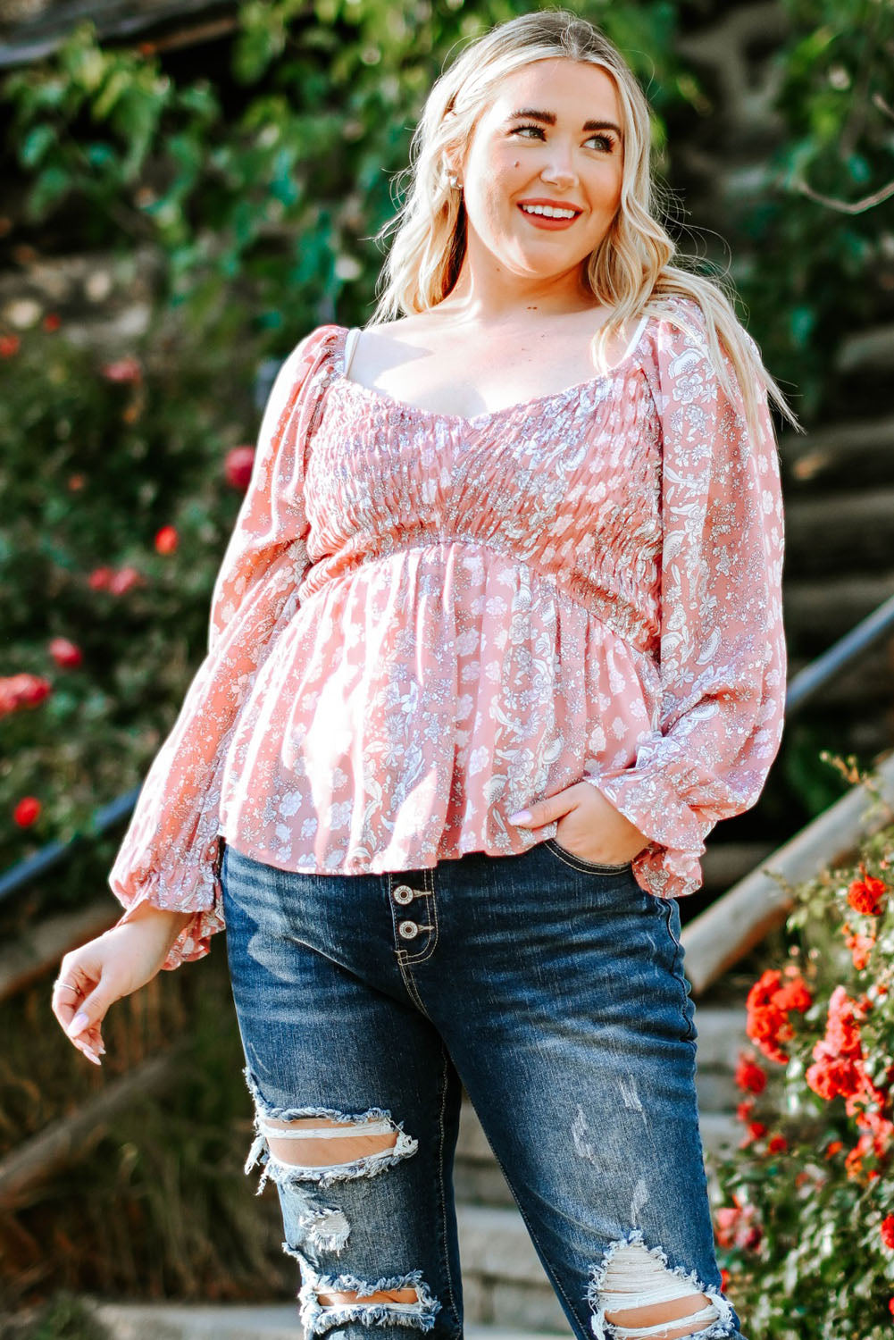 Plus Size Floral Smocked Flounce Sleeve Boho Blouse [Spirit and Rebel]   