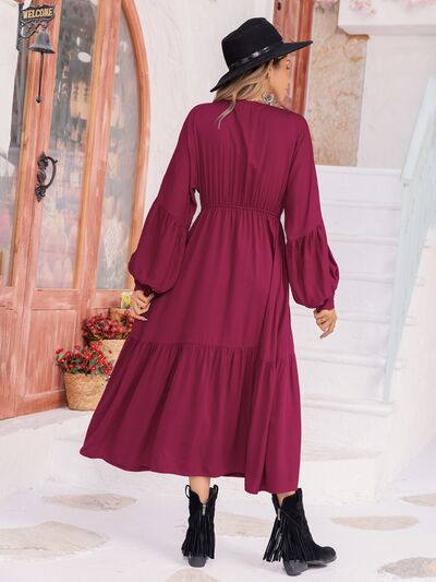 V-Neck Lantern Sleeve Ruffle Hem Dress [Spirit and Rebel]   