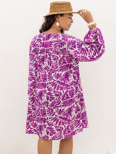 Boho Plus Size Printed V-Neck Balloon Sleeve Mini Dress [Spirit and Rebel]   