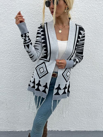 Boho Chic  Geometric Fringe Hem Open Front Cardigan [Spirit and Rebel]   