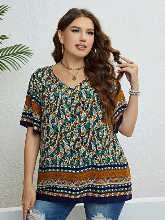 Bohemian Printed V-Neck Blouse [Spirit and Rebel] Multicolor 1XL 