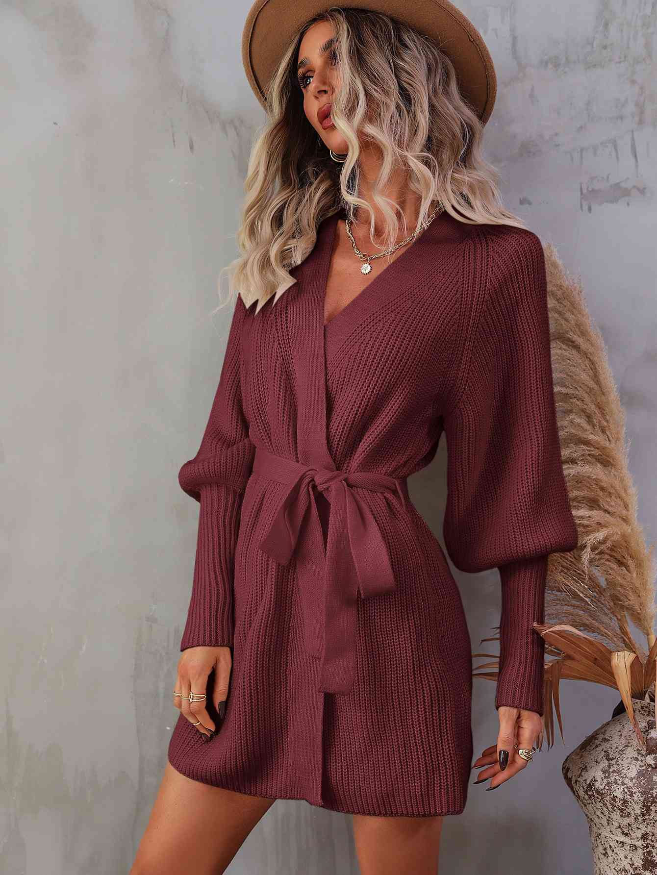 Belted Surplice Lantern Sleeve Wrap Sweater Dress [Spirit and Rebel]   