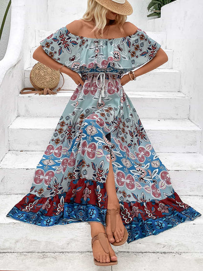 Printed Off-Shoulder Slit Maxi Dress [Spirit and Rebel]   